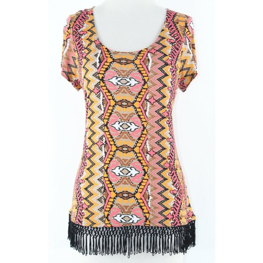 INC Sz M Coral Orange Black Multi 2.5-3" Fringe Hem 100% Rayon Top - Picture 2 of 6